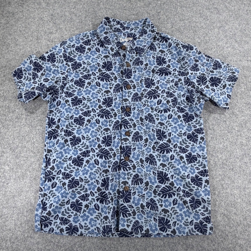 Duluth Trading Mens Blue Tropical Floral Cotton Un-Longtail Button Down Shirt M